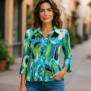 SERENADE Retro 60's 70's Psychedelic Accordion Multicolor Blouse ~ Womens MEDIUM